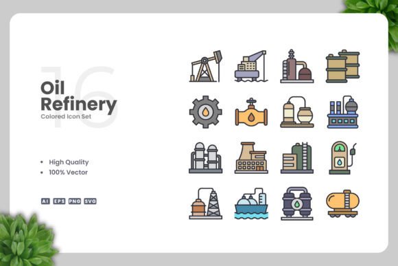 Oil Refinery Colored Icons for Professional and Creative Projects